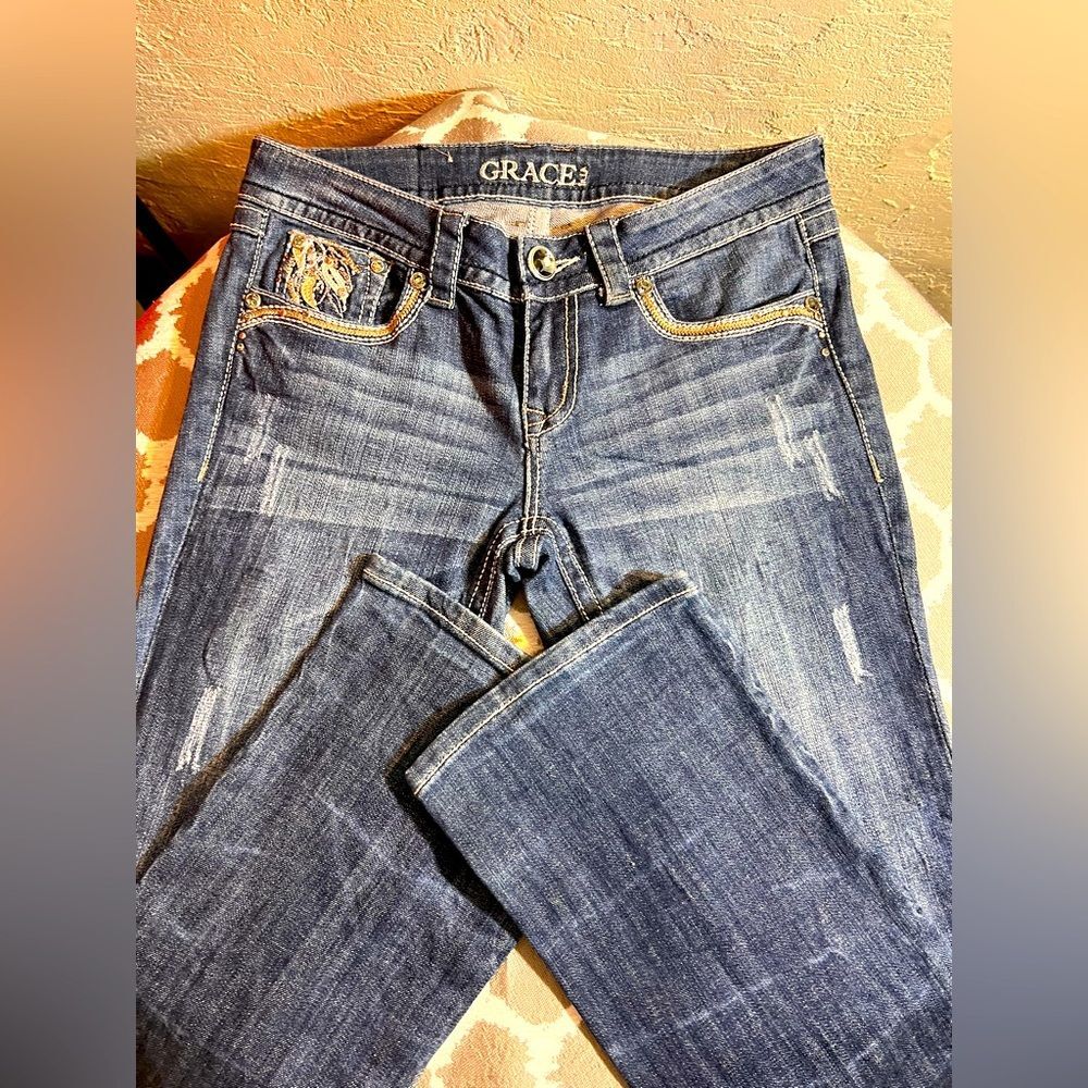 Grace in LA Blue Denim Jeans w lovely embellishments, Quality denim w extra